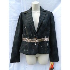 True Meaning Jacket Women Size 8 Black w/Gold Sequins & Pin Stripe  Gold Lining